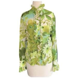 St. John Silk Floral Blouse Small 6 Green Stretch Long Sleeve Ruffles Button Up